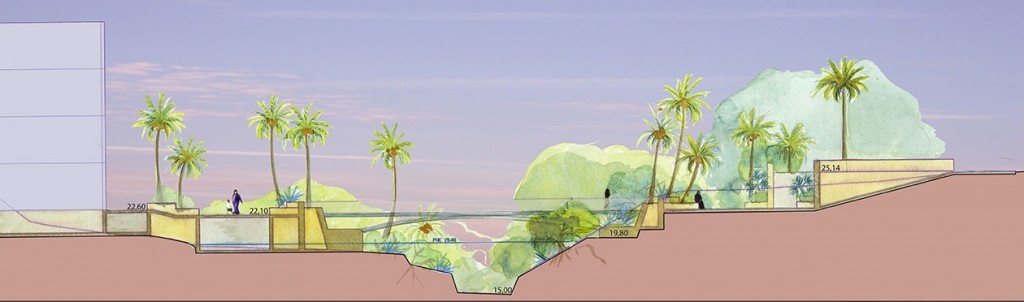 Coupe couleur, Agadir Maroc. Paysage ombragé pour un quartier en devenir